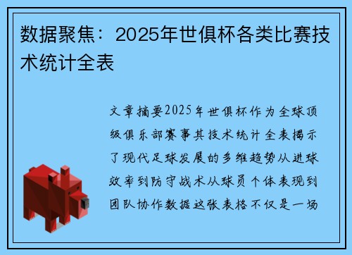 数据聚焦：2025年世俱杯各类比赛技术统计全表