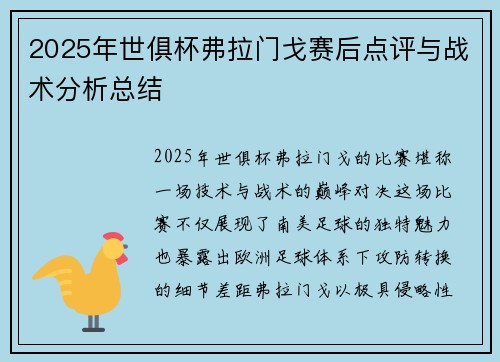 2025年世俱杯弗拉门戈赛后点评与战术分析总结