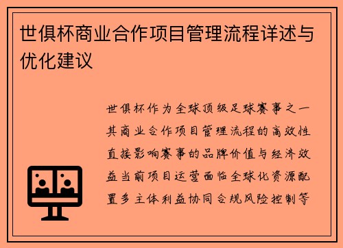 世俱杯商业合作项目管理流程详述与优化建议